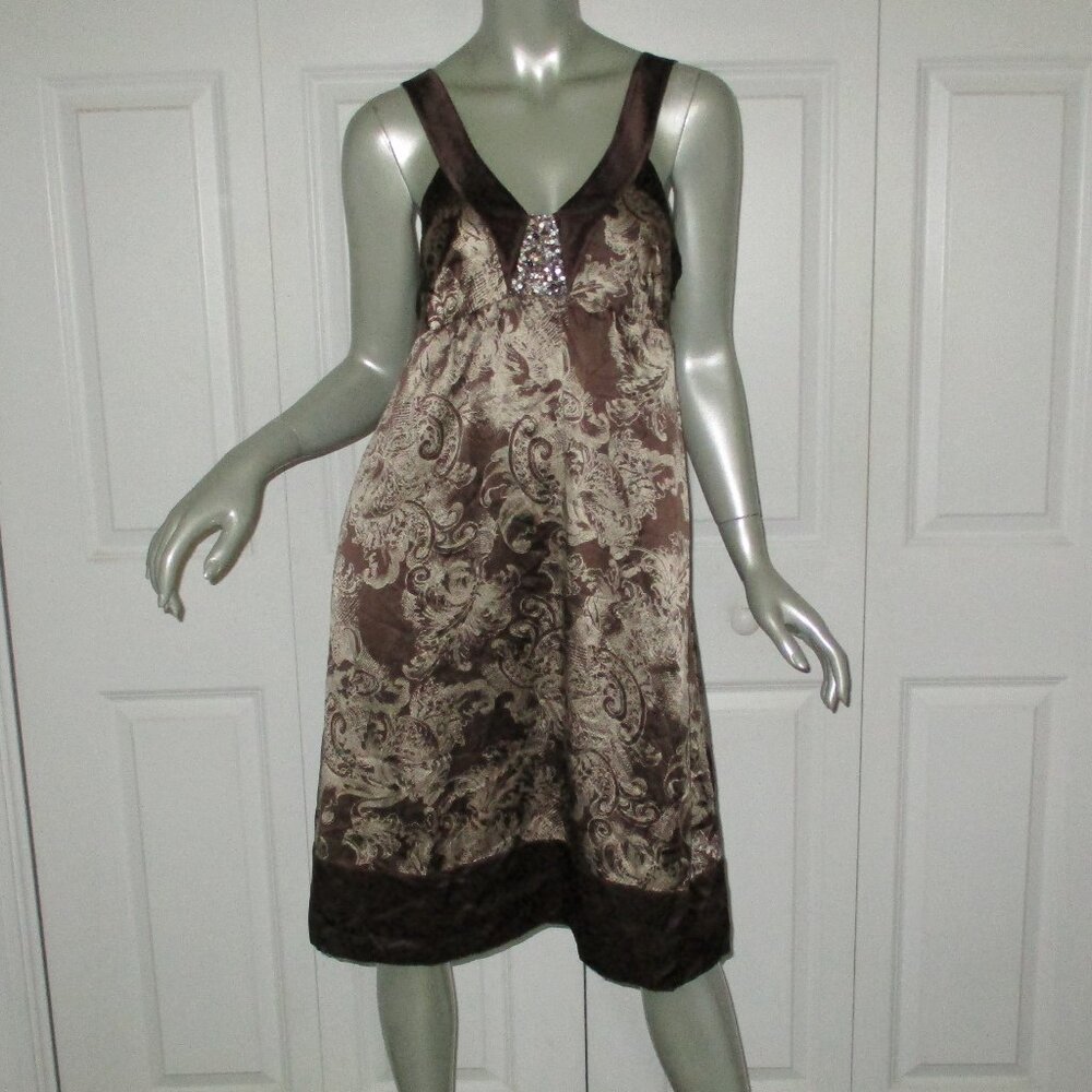 BCBG MAX AZRIA Brown & White Print Textured Paisley Silk Sleeveless Dress